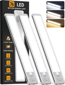Under Cabinet Lighting Wireless, Rechargeable 10inch Motion Sensor Light Indoor, 3 Color Closet Light Battery Operated with LED Power Display, Magnetic Under Counter Lights for Kitchen, Home (3Pack)