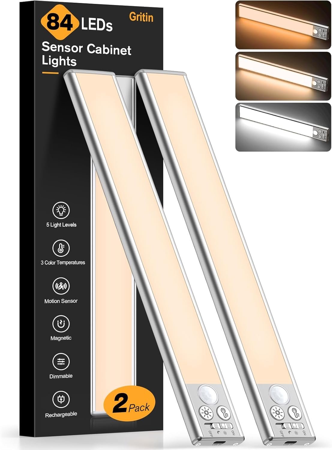 Gritin 10.2inch Under Cabinet Lighting Rechargeable 2 Pack | 3 Color Temps & 5 Brightness,Super Bright,4 Modes,Motion Sensor,Long Lasting - Easy Installation Magnetic Under Closet Lights