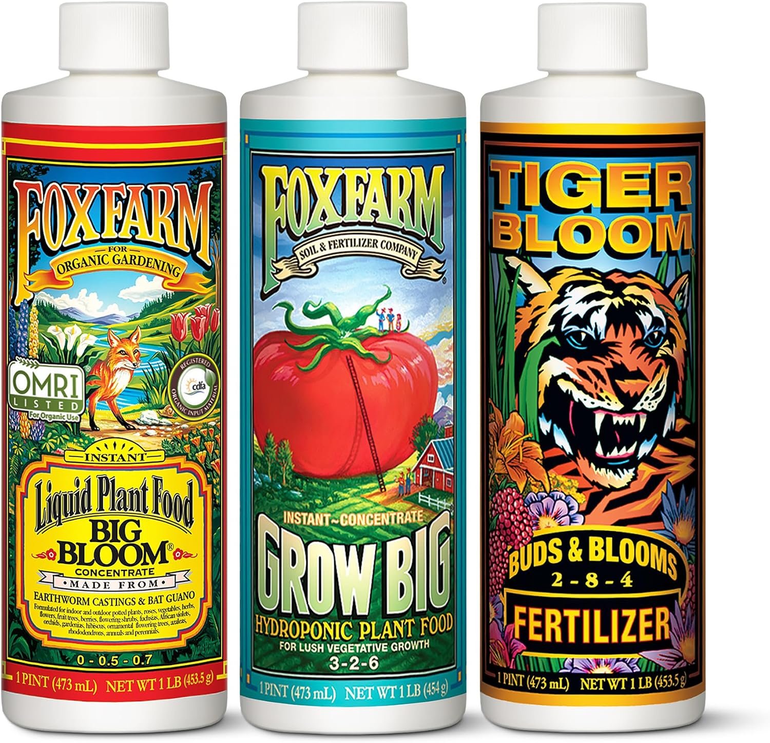 FoxFarm Hydro Liquid Trio Pack - Big Bloom, Grow Big Hydroponic, Tiger Bloom Fertilizers for Plant Growth, Bud Development & Abundant Fruit - Complete Hydroponic Plant Food Set - 3 Pint Bottles