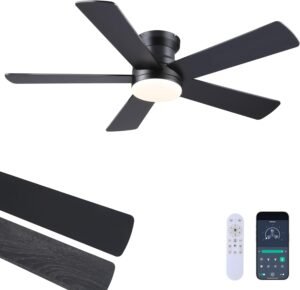 Ayaoty Ceiling Fans with Lights – 48″ Black Flush Mount Ceiling Fan Light with 6 Speeds 3CCT Dimmable, Revesible Motor, Low Profile Fan Light for Modern Indoor Bedroom, Kitchen