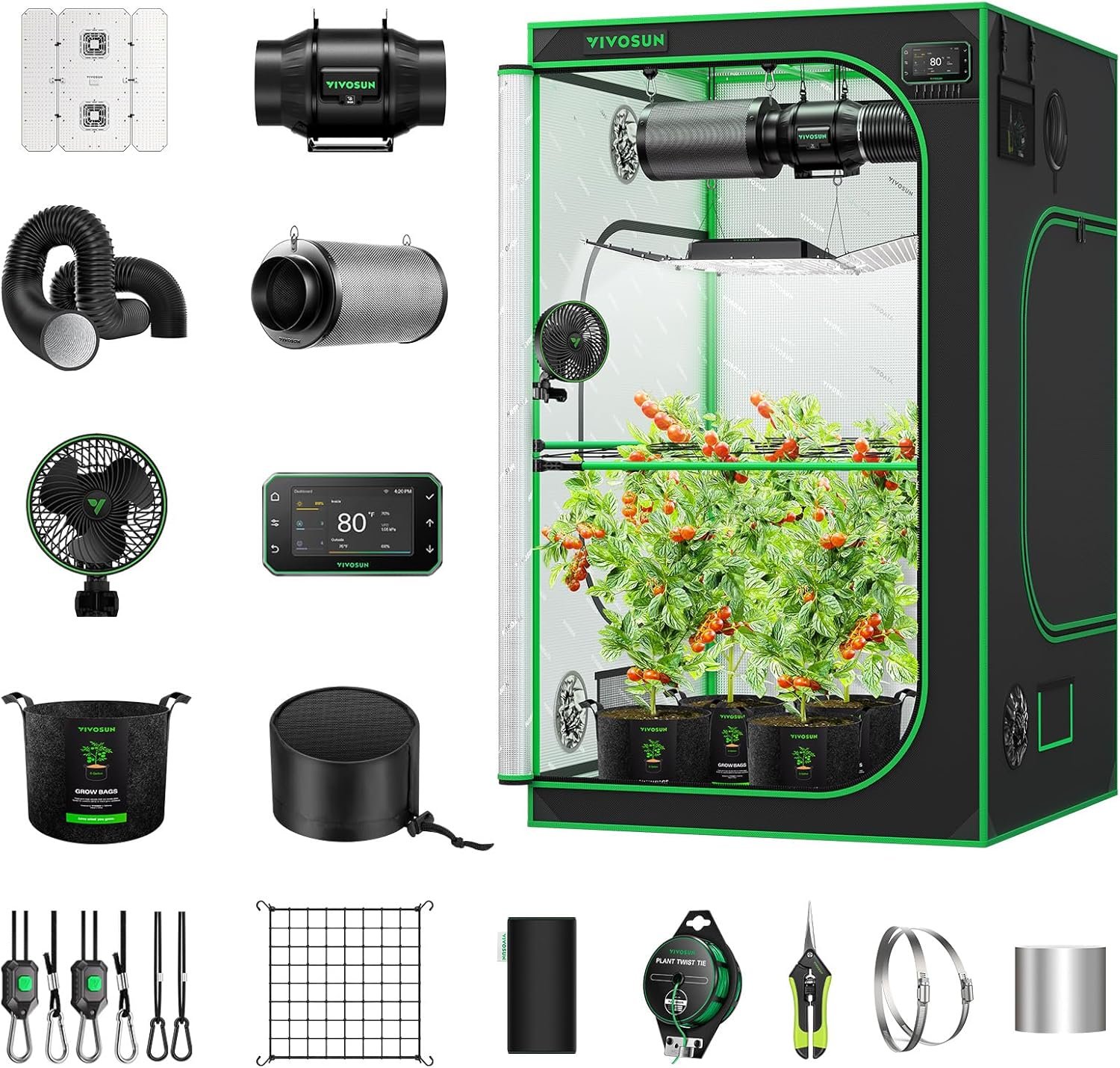 VIVOSUN T4 4" Inline Duct Fan & 3 Cycle Modes E12 Speed Controller, AeroZesh Grow Tent Kit Ventilation Fan with 210 CFM EC Motor, Programmable Exhaust Fan for Heating Cooling Booster, Hydroponics