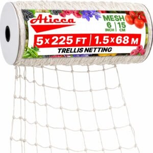 ATICCA Trellis Netting 5 x 225 ft Heavy Duty Polyester Plant Support Netting White – 6 Inch Garden Rope Trellis on Roll – Mesh Twine for Growing Vine Climbing Plants, Flowers, Peas, and Tomatoes.
