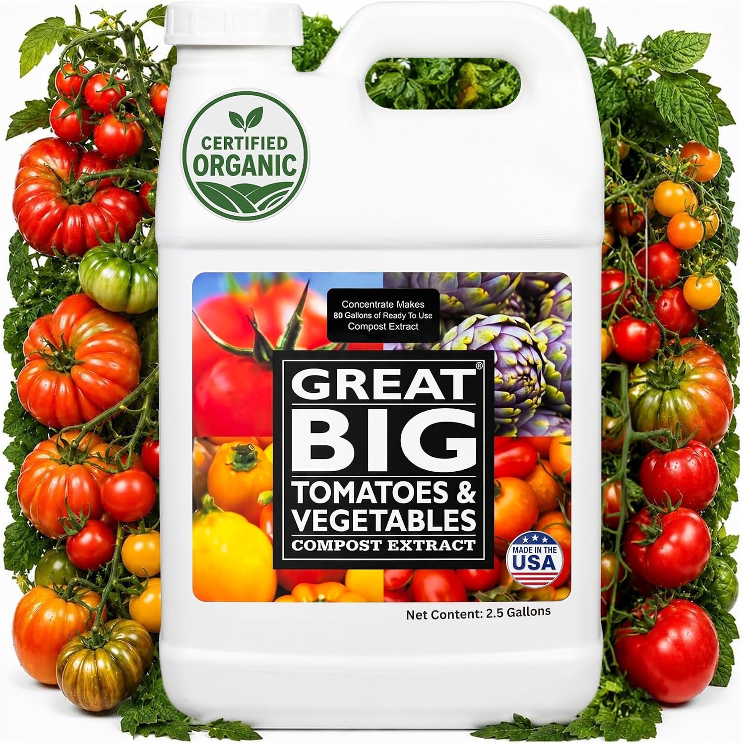 Great Big Tomatoes and Vegetables Liquid Fertilizer Booster - Organic Soil Conditioner, Liquid Compost Extract with Humic Acid, Fertilizer Activator for Big Vegetable Yields, 70 Minerals - 2.5 Gallon