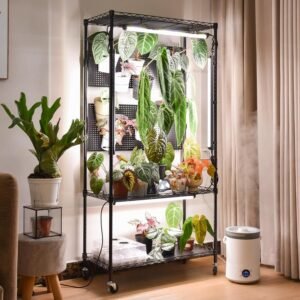 Bstrip Plant Cabinet with Pegboard, 3 Tier Plant Shelf with Grow Light, Metal Plant Stand with 4 Pack 96W Grow Lights for Indoor Plant, Foliage Plants, Seed Starting, 29.5″x13.8″x59″
