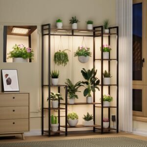 Plant Stand Indoor with Grow Lights 11 Tiered Wood Indoor Plant Shelf 62″ Tall Plant Stand Metal Frame for Indoor Plants Multiple Flower Pot Holder, Large Plant Rack for Living Room Patio Corner