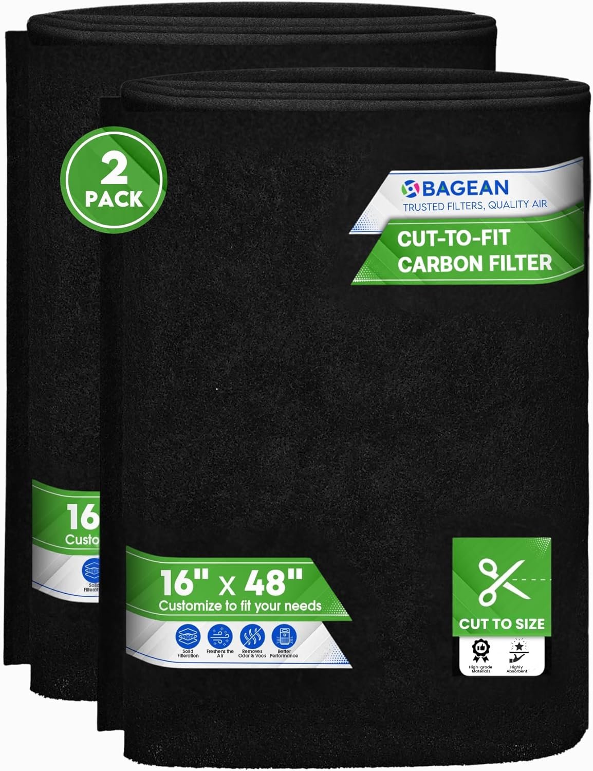 Bagean Cut to Fit Activated Carbon Filter Sheet 16” x 48” Carbon Air Filter | Fits Air Purifiers Window AC Air Vent and More - Activated Charcoal Filter Effectively Filters Odors & Freshens Air (2-Pack)