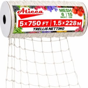 ATICCA Trellis Netting 5 x 750 ft Heavy Duty Polyester Plant Support Netting White – 6 Inch Garden Rope Trellis on Roll – Mesh Twine for Growing Vine Climbing Plants, Flowers, Peas, and Tomatoes.