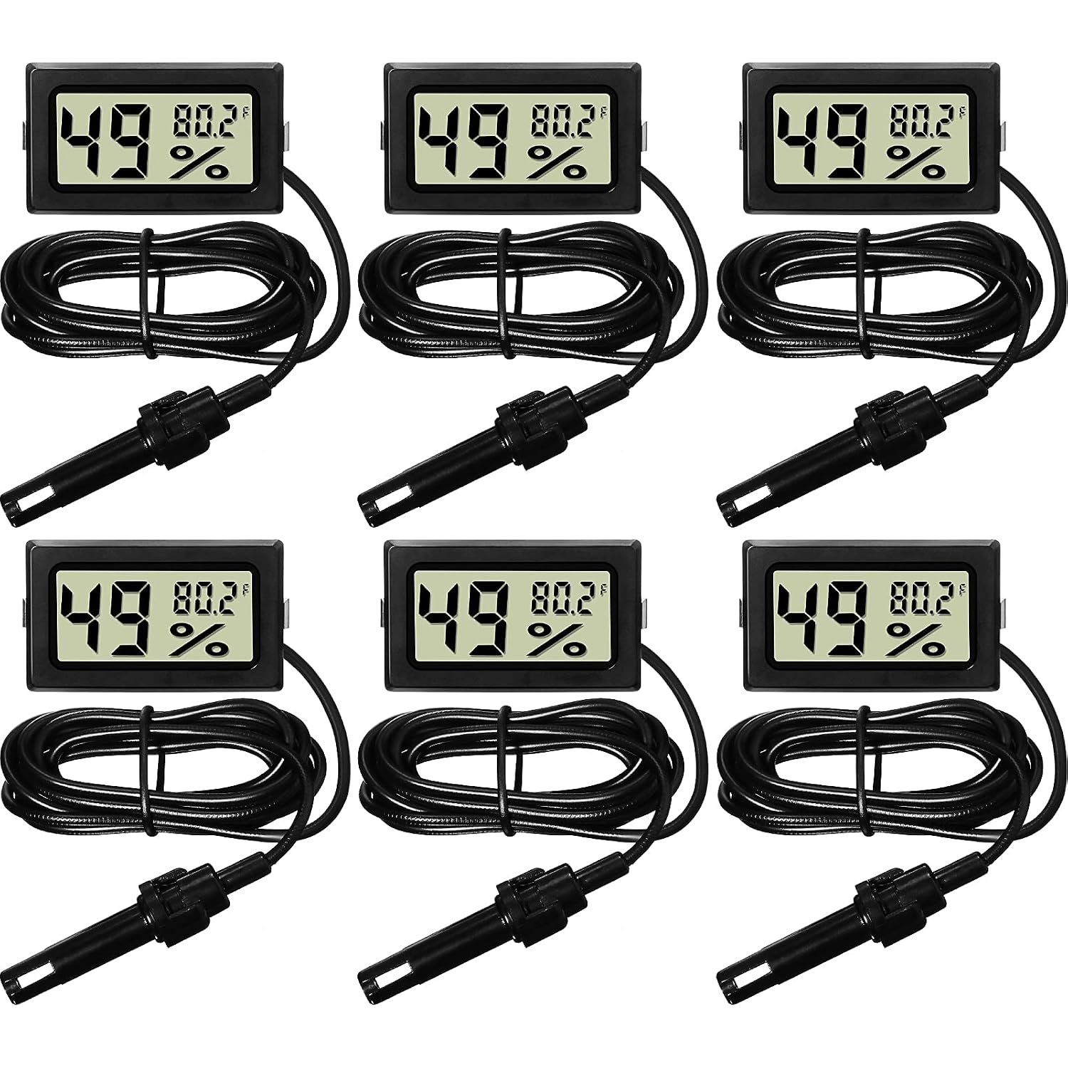 Weewooday Mini Digital Temperature Humidity Meters Gauge with Probe Gauge LCD Fahrenheit Display Thermometer Hygrometer for Incubator Reptile Plant Greenhouse Chicken Coop Garden(Black, 6 Pieces)