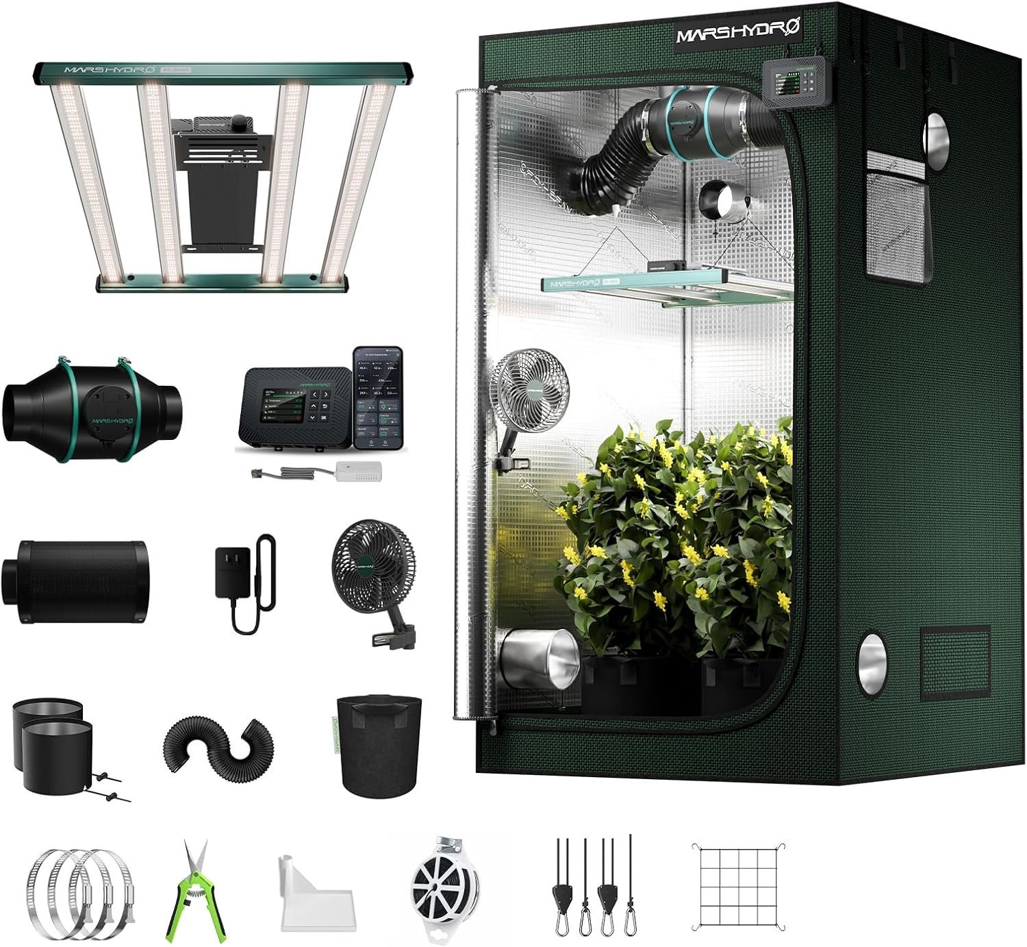 MARS HYDRO 3x3 Smart Grow Tent Kit Pro with WiFi-Integrated Controller 43,300W FC3000 App Dimming Grow Light,2000D Oxford Cloth,High Reflective Mylar,4inch Automatic Ventilation System,Green