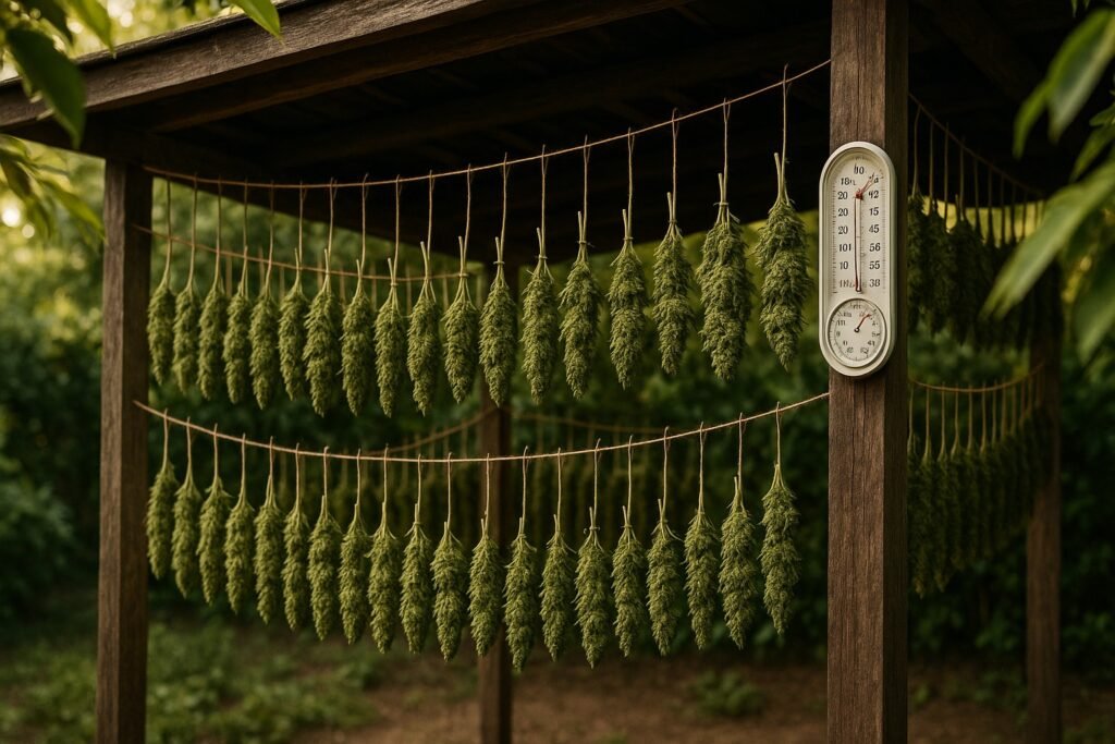 Cannabis buds hanging securely in an ideal shaded outdoor drying location