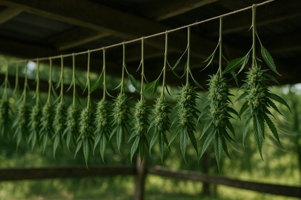 Cannabis buds hung upside-down outdoors with ideal spacing and airflow