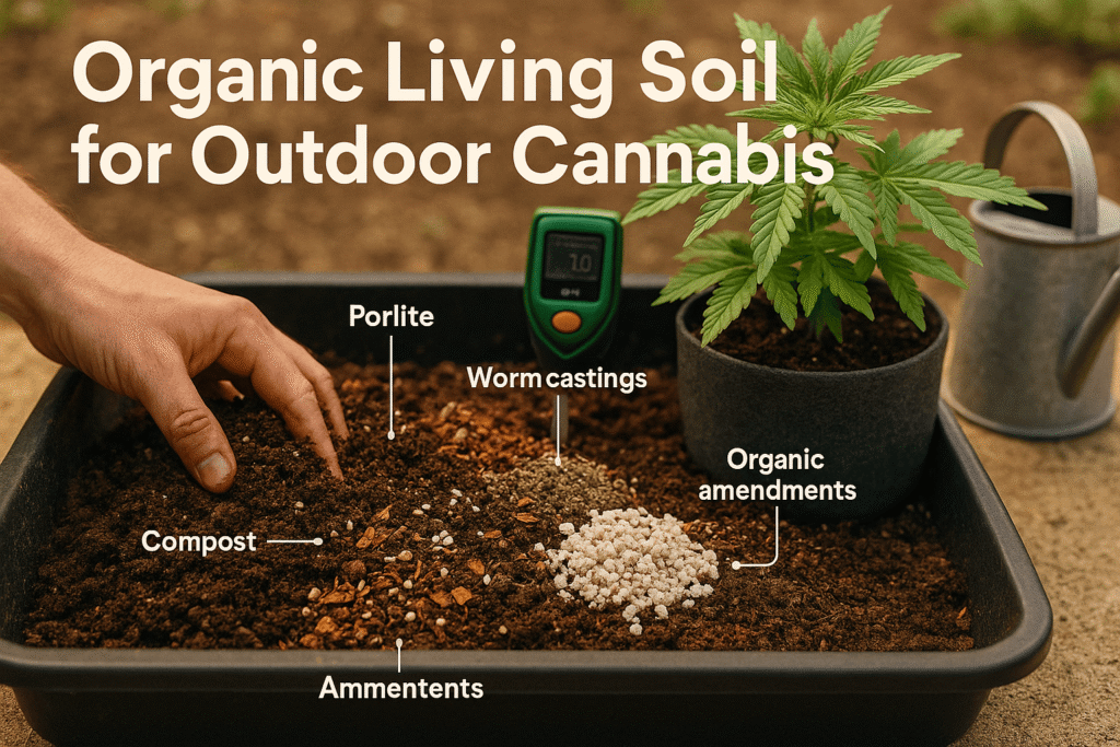 Cannabis friendly organic living soil mixture with compost