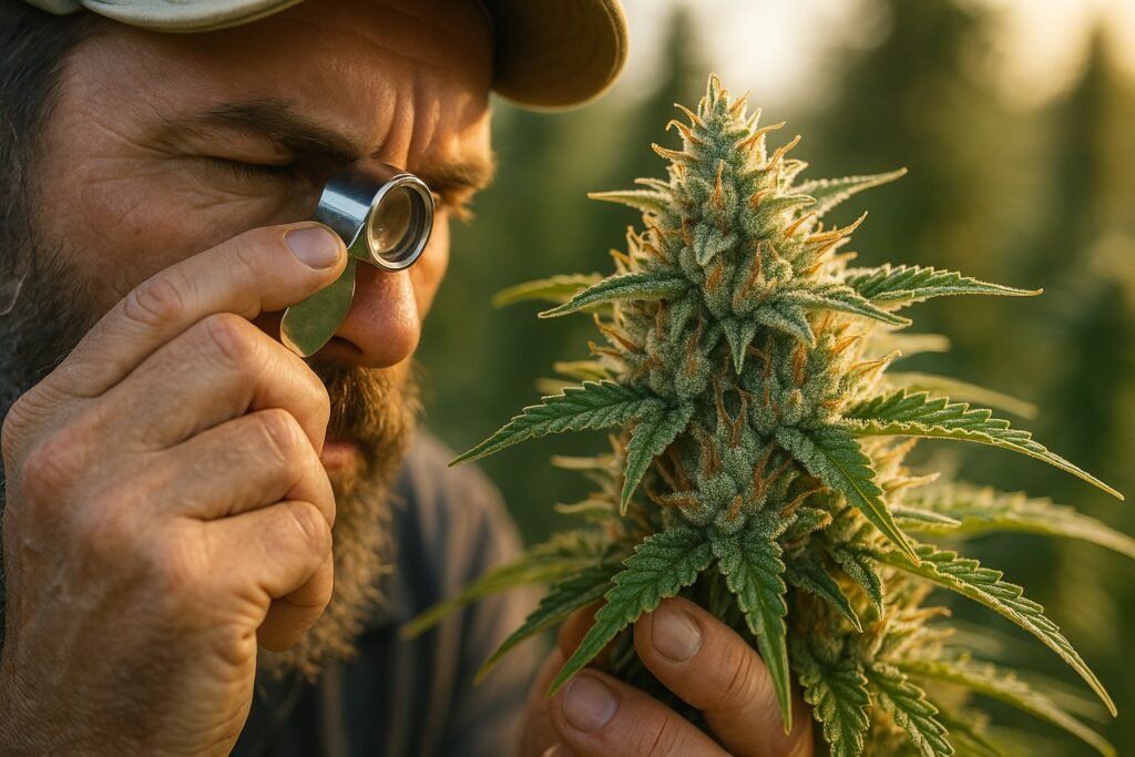 Cannabis grower closely inspecting trichome colors to determine optimal harvesting time outdoors