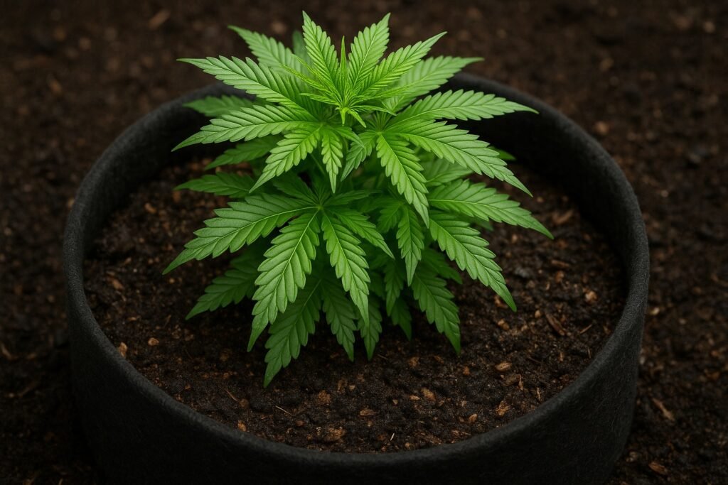 Cannabis plant growing in organic super soil inside a fabric pot with visible compost and worm castings
