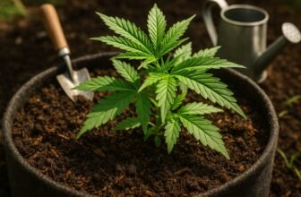 Cannabis plant growing in organic super soil mix with healthy green leaves in a fabric pot under sunlight