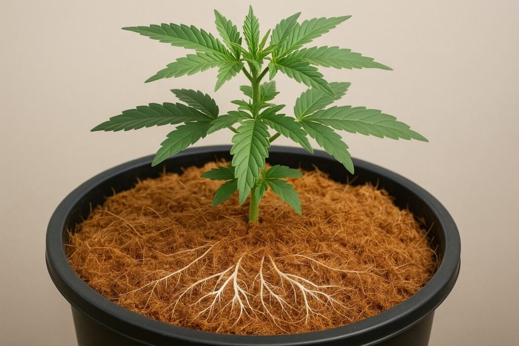 Cannabis plant in a pot filled with coco coir medium showing fibrous texture and healthy roots