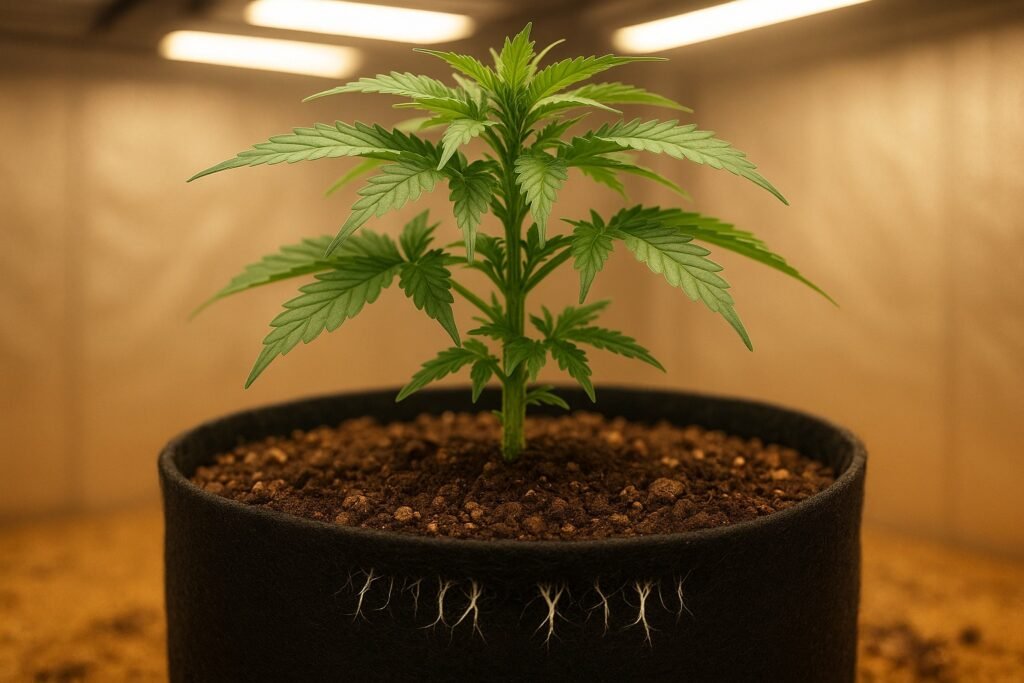 Cannabis plant in fabric pot with organic super soil under indoor grow lights