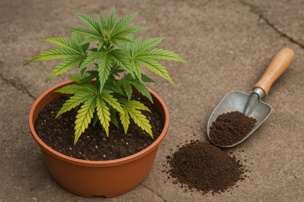 Cannabis plant in super soil showing nutrient deficiency with worm castings used as an organic fix