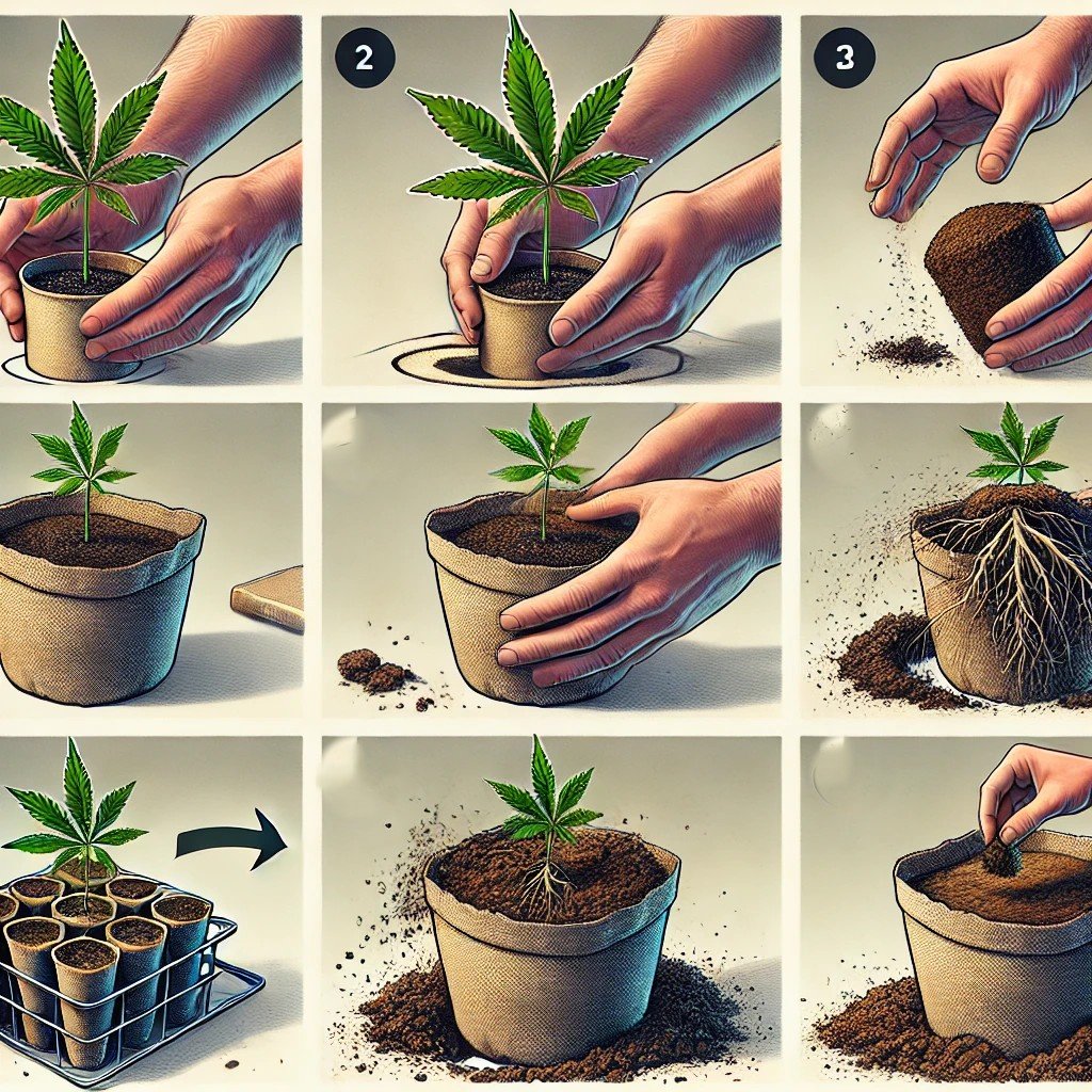 Cannabis seedling being transplanted from seedling mix into organic soil showing healthy root system pH-balanced soil and proper transplant technique