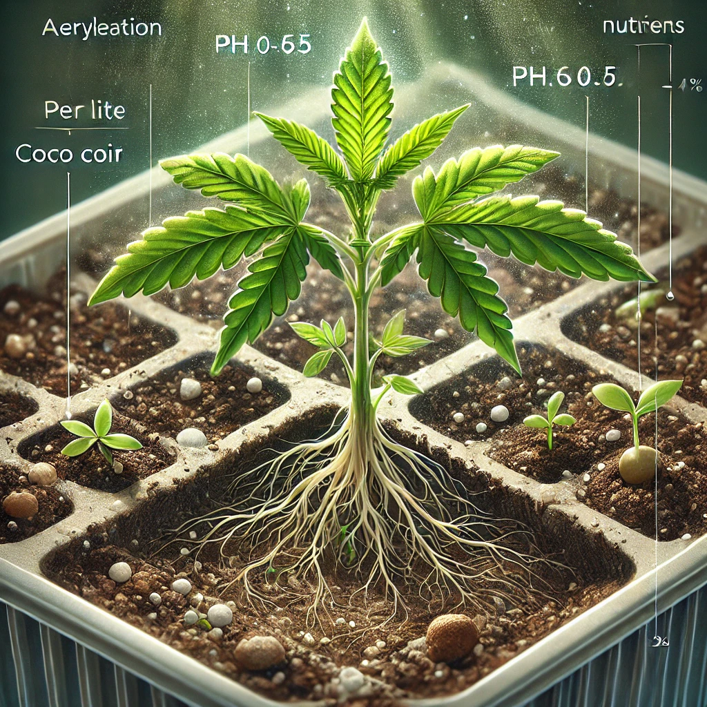 Cannabis seedling growing in light-textured soil with good aeration and balanced pH labeled for early-stage growth benefits