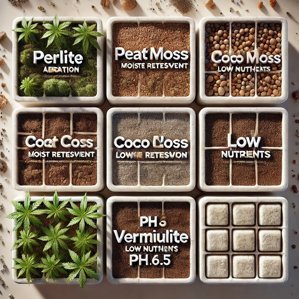 Cannabis seedling soil components including perlite coco coir and peat moss displayed with labels showing benefits like aeration moisture retention and pH balance