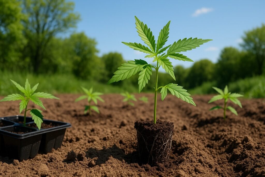 Cannabis seedlings being transplanted outdoors after the last frost in Zone 6
