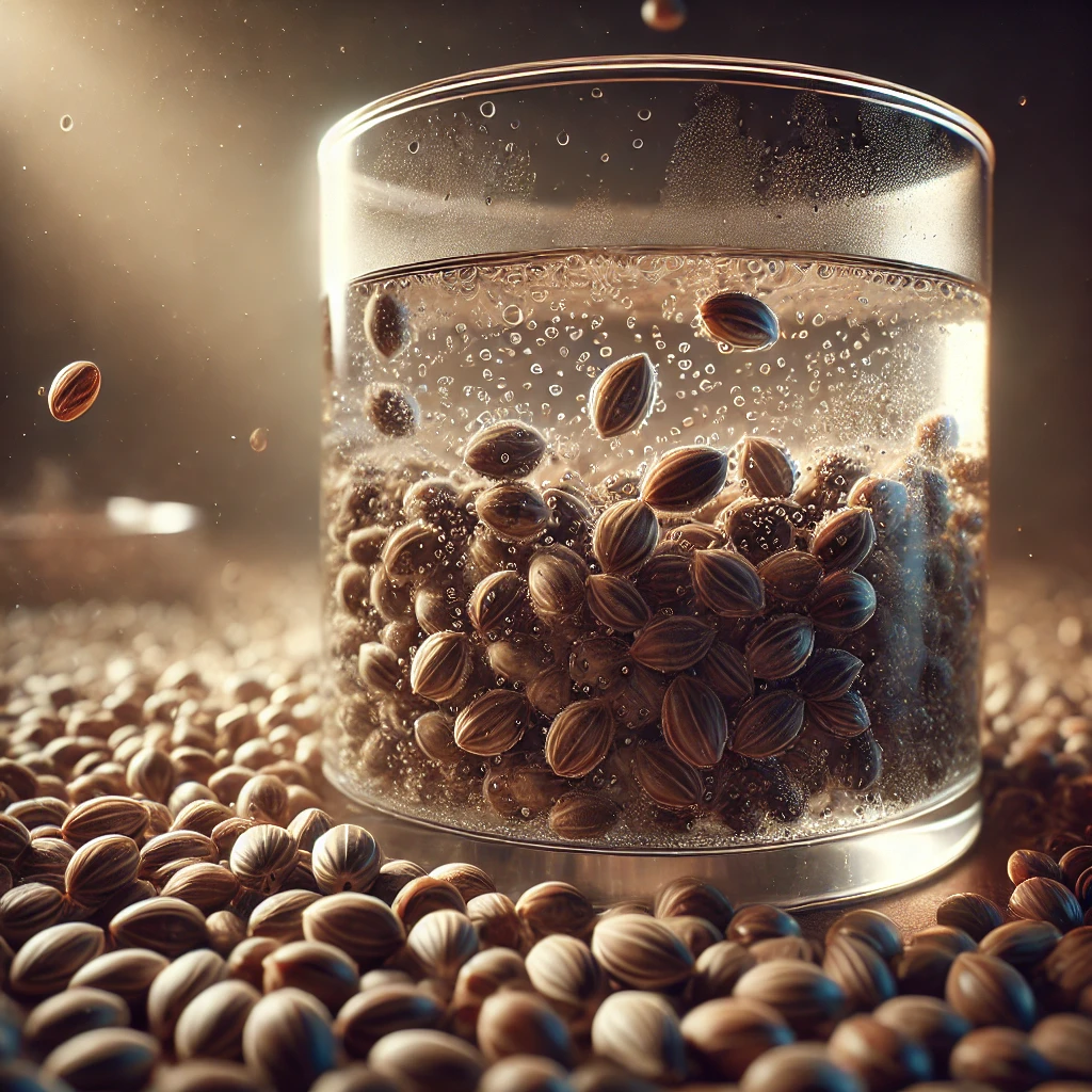 Cannabis seeds floating and sinking in water during germination process, demonstrating seed viability in the water germination method
