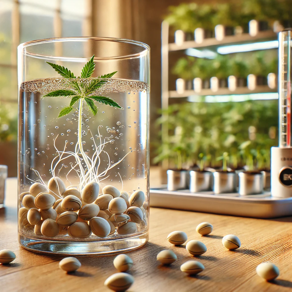 Cannabis seeds germinating in a clear glass of water showing floating and sprouted seeds with visible taproots illustrating the water germination method for marijuana plants