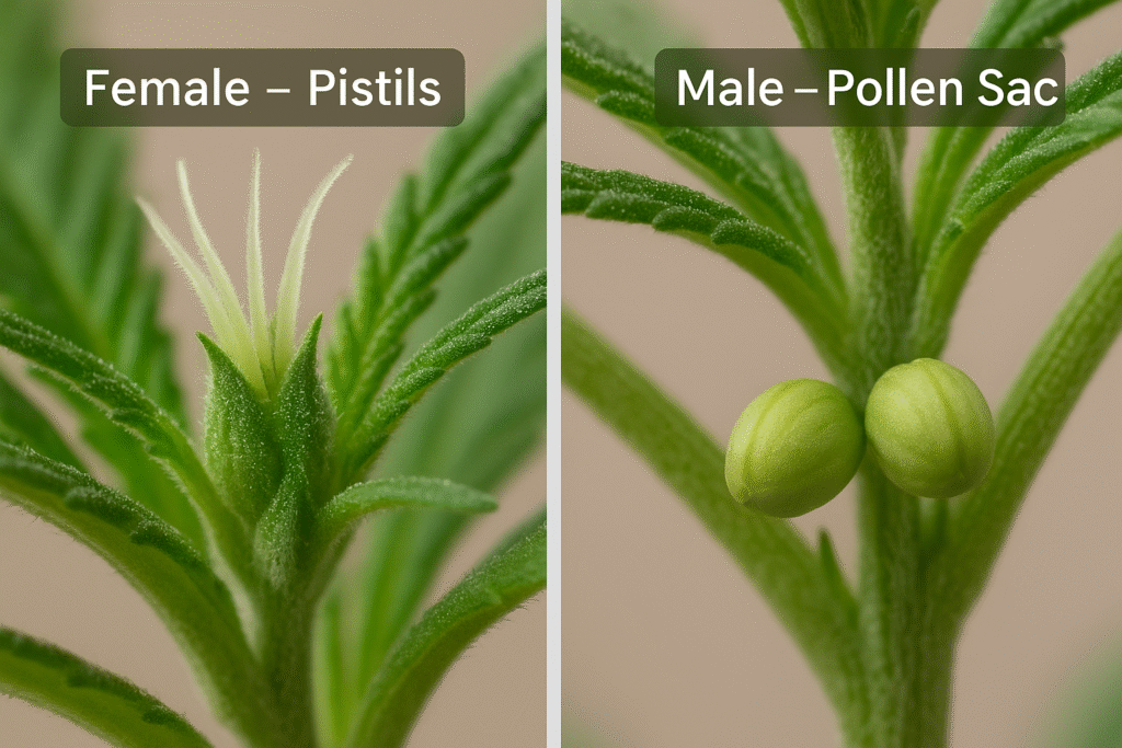 Close up comparison of female and male cannabis pre flowers