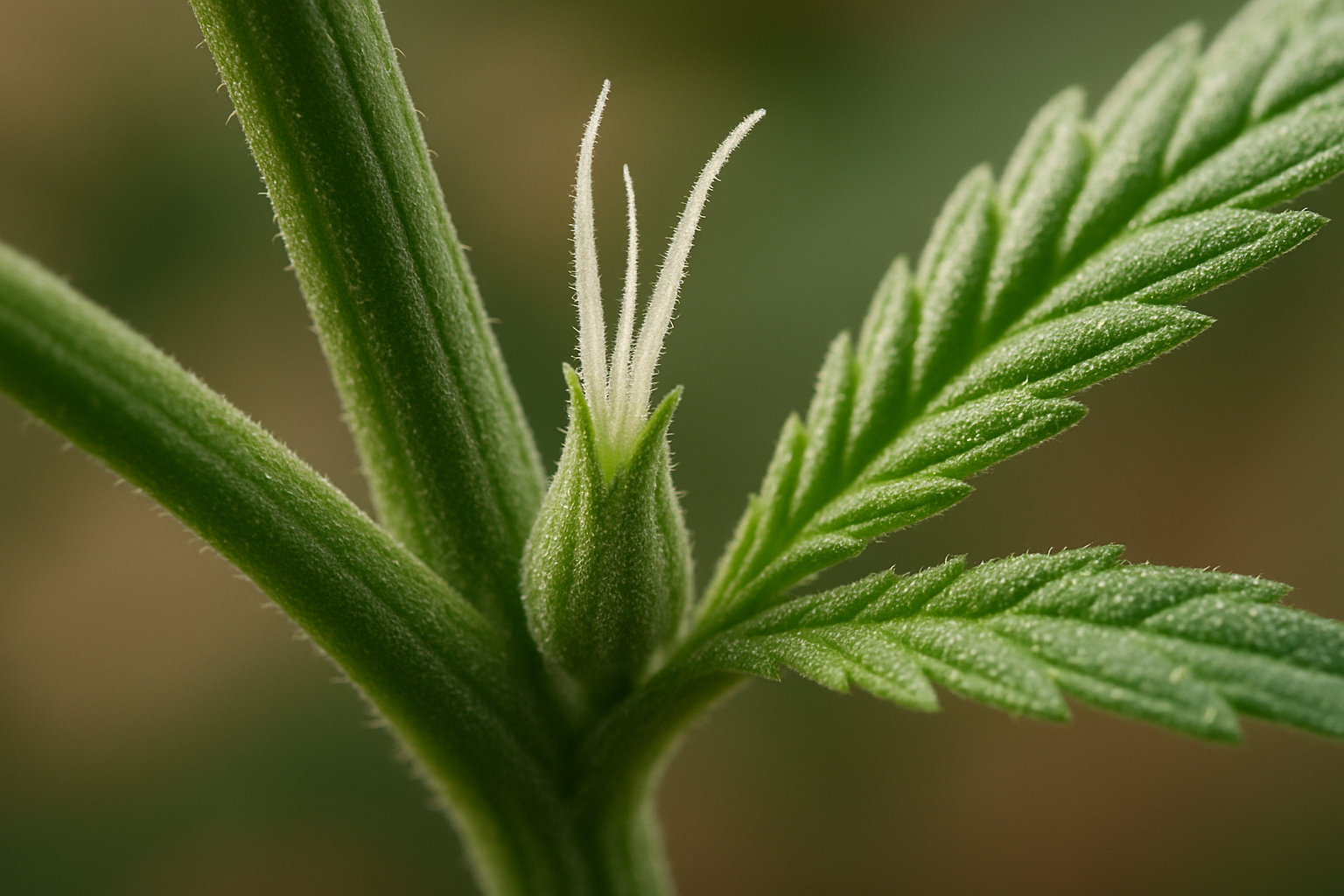 Close-up of early-stage female cannabis plant showing white pistils and calyx at a node