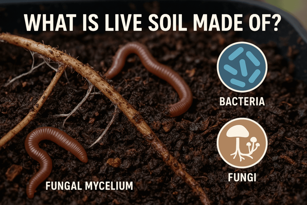Close up of live soil showing fungal hyphae worms compost