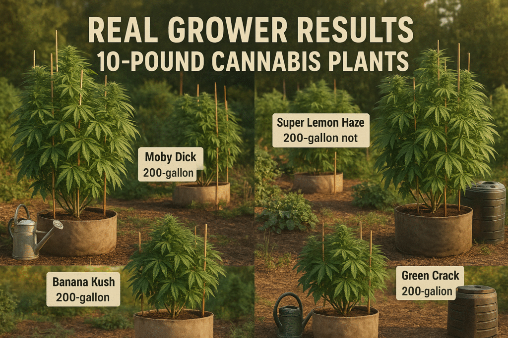 Collage showing real outdoor cannabis plants from growers achieving 10-pound harvests