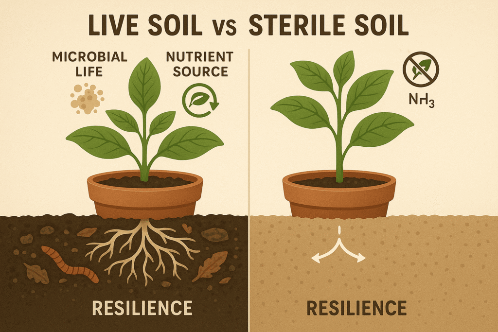 Comparison image showing biologically active live soil