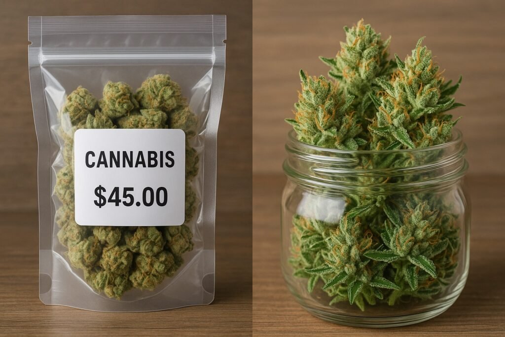 Comparison of dispensary cannabis packaging versus fresh homegrown weed in a jar