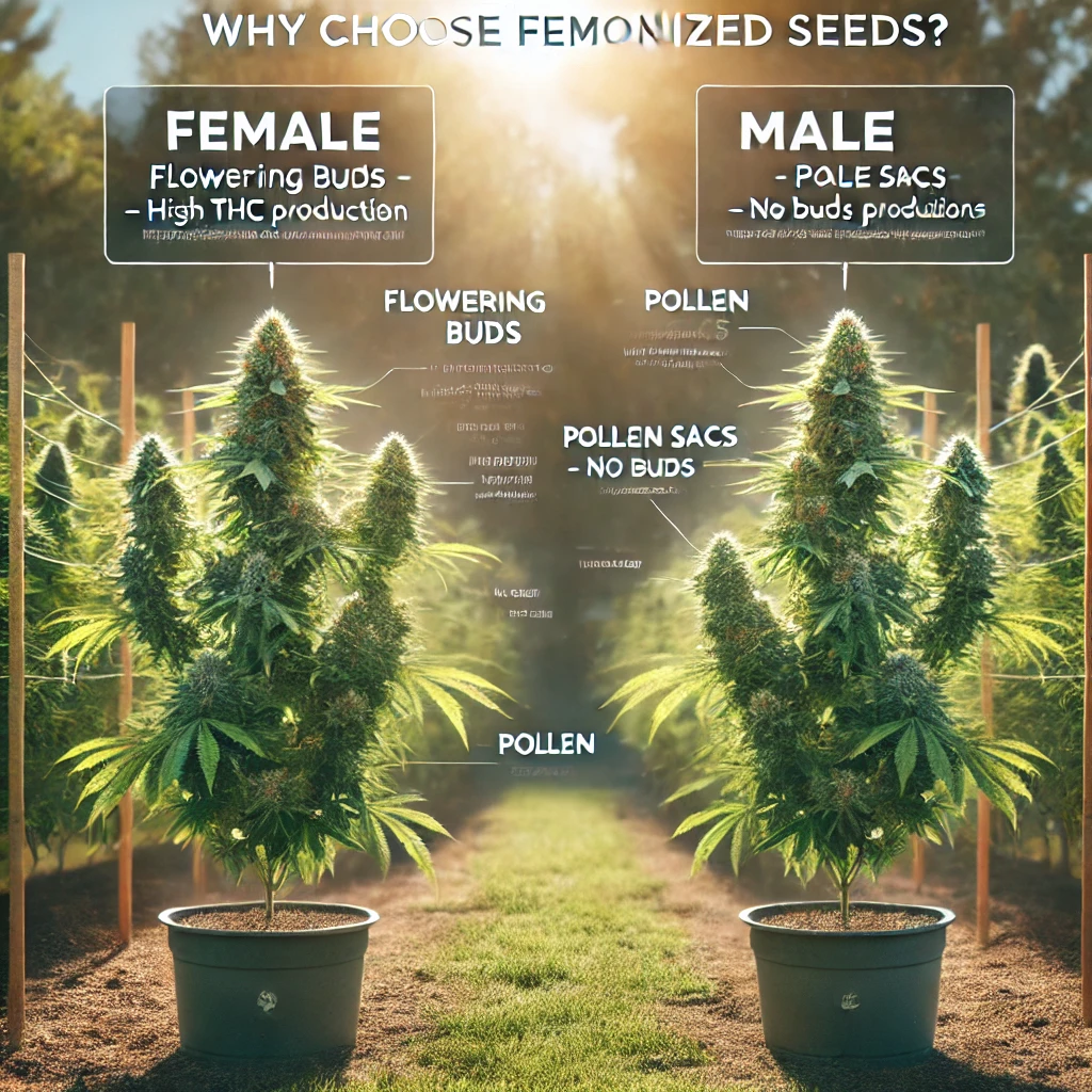 Comparison of female and male cannabis plants showing why feminized seeds are preferred for outdoor cannabis growing