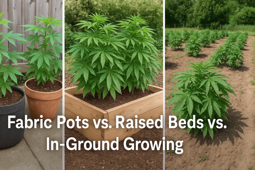Comparison of outdoor cannabis growing containers featuring breathable fabric pots