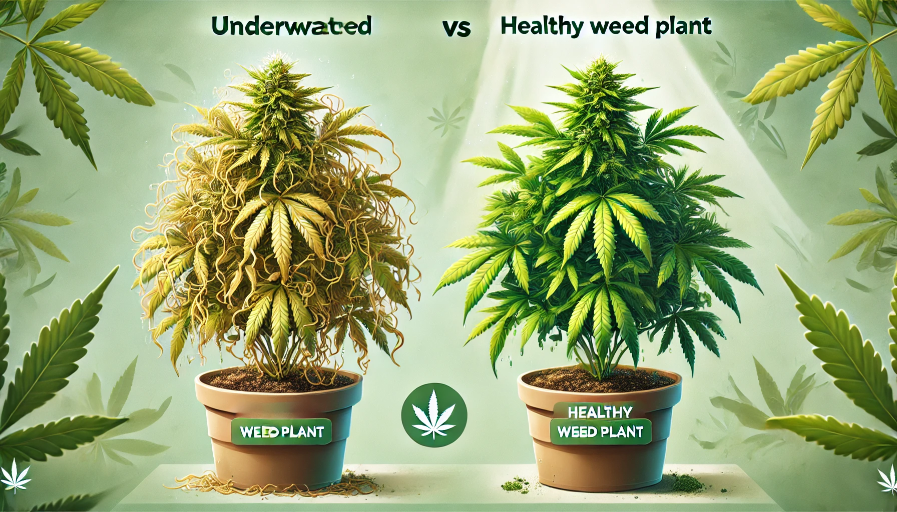 Comparison of underwatered cannabis plant with drooping leaves and dry soil next to a healthy weed plant with vibrant foliage and moist soil showing signs of dehydration and recovery
