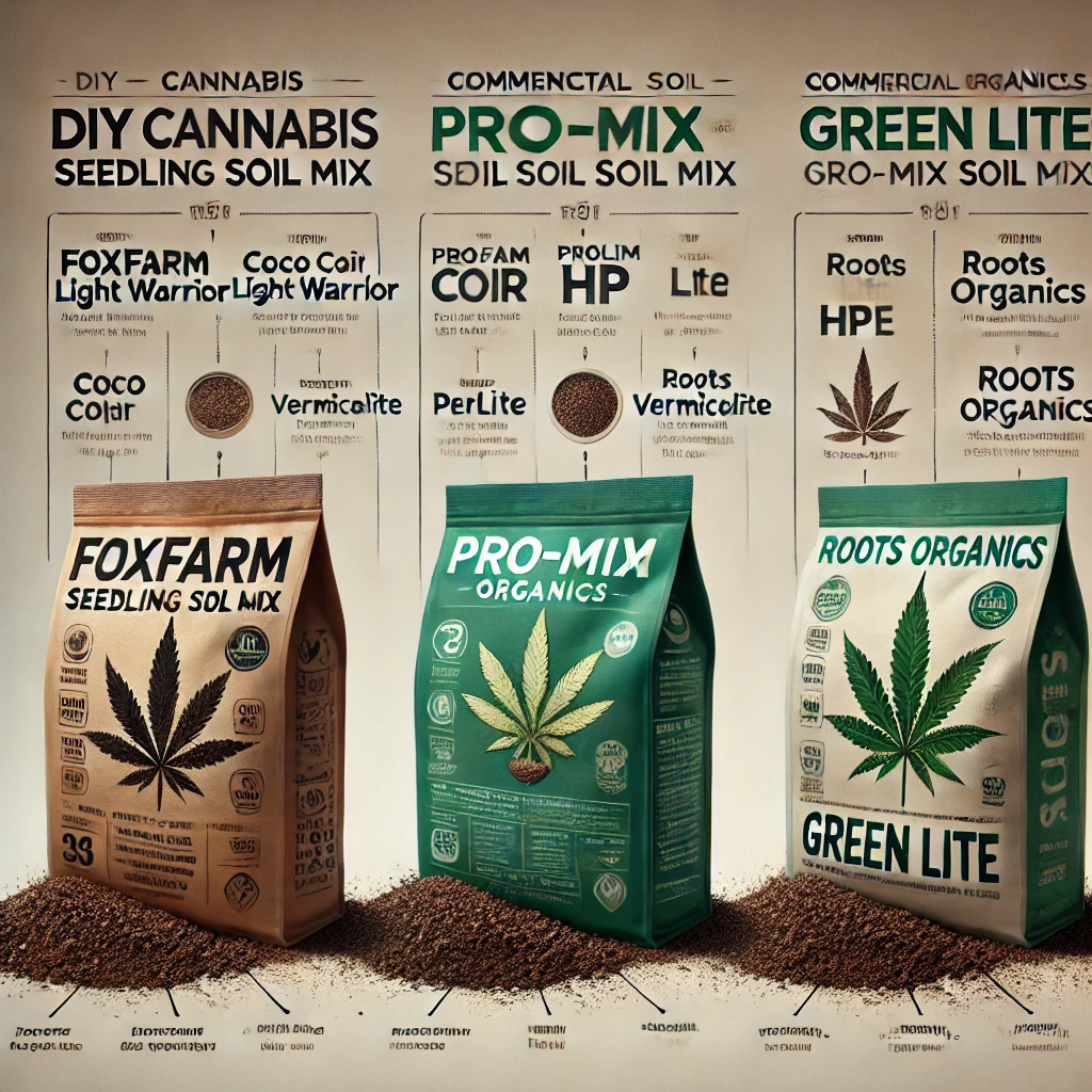 DIY cannabis seedling soil mix ingredients next to FoxFarm Pro-Mix and Roots Organics commercial seed-starting soils showing airflow moisture retention and microbial support features