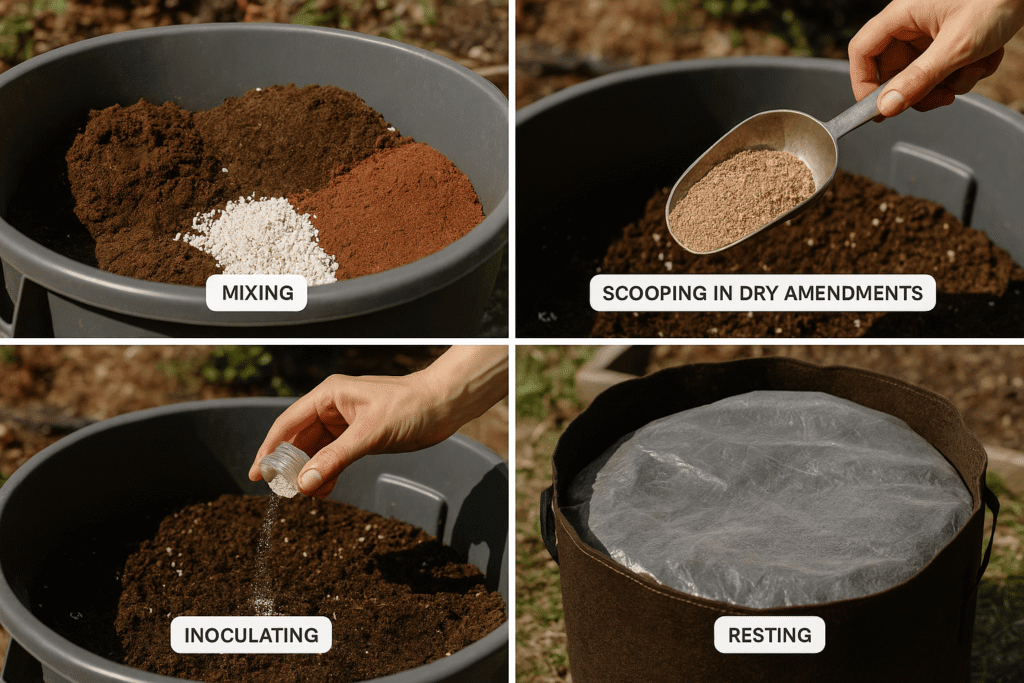 DIY live soil being mixed with compost perlite worm castings and dry amendments