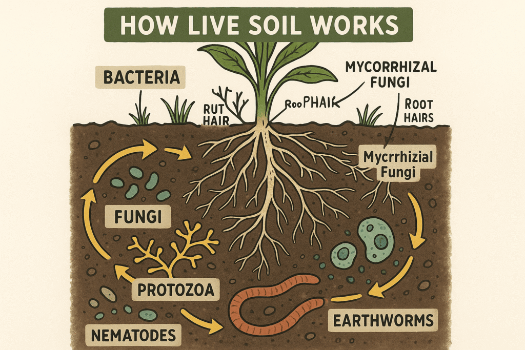 Diagram of the soil food web showing nutrient cycling from microbes and fungi to plant roots in living soil