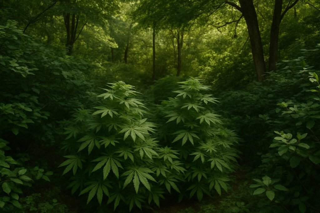 Discreet outdoor cannabis grow hidden in forest under dense foliage for stealth and privacy