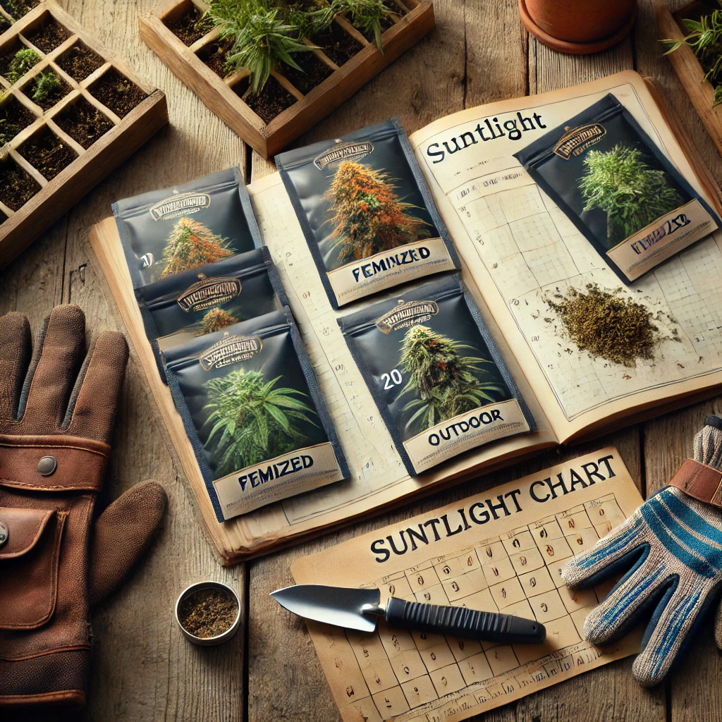 Feminized cannabis seed packs and outdoor growing tools on a gardeners table symbolizing preparation for outdoor cultivation