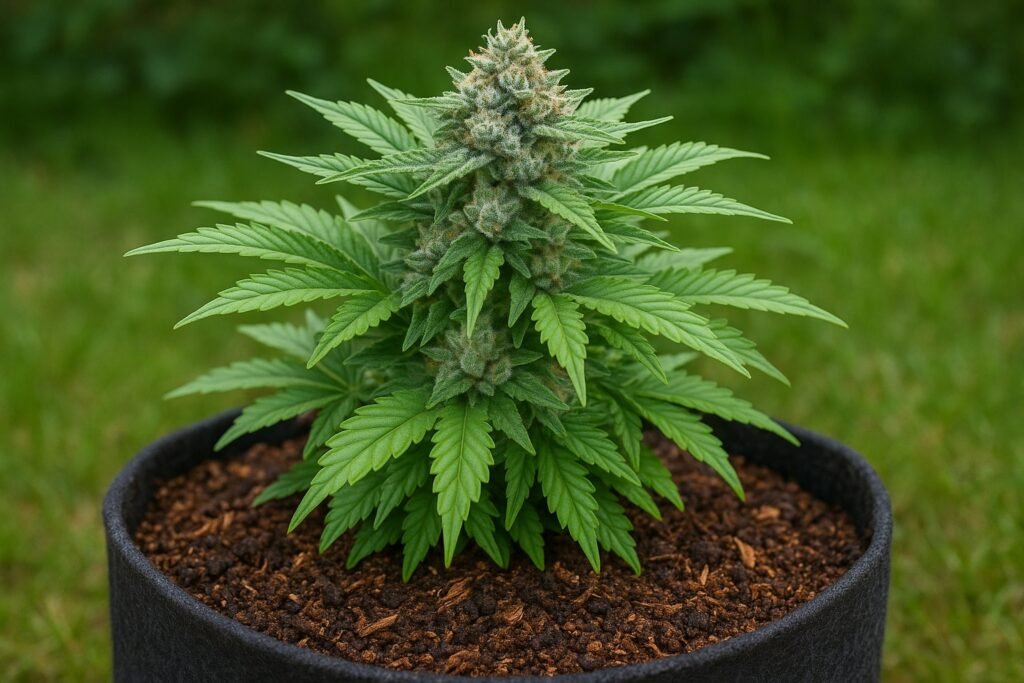 Flowering cannabis plant thriving in organic super soil mix with dense buds and healthy green leaves
