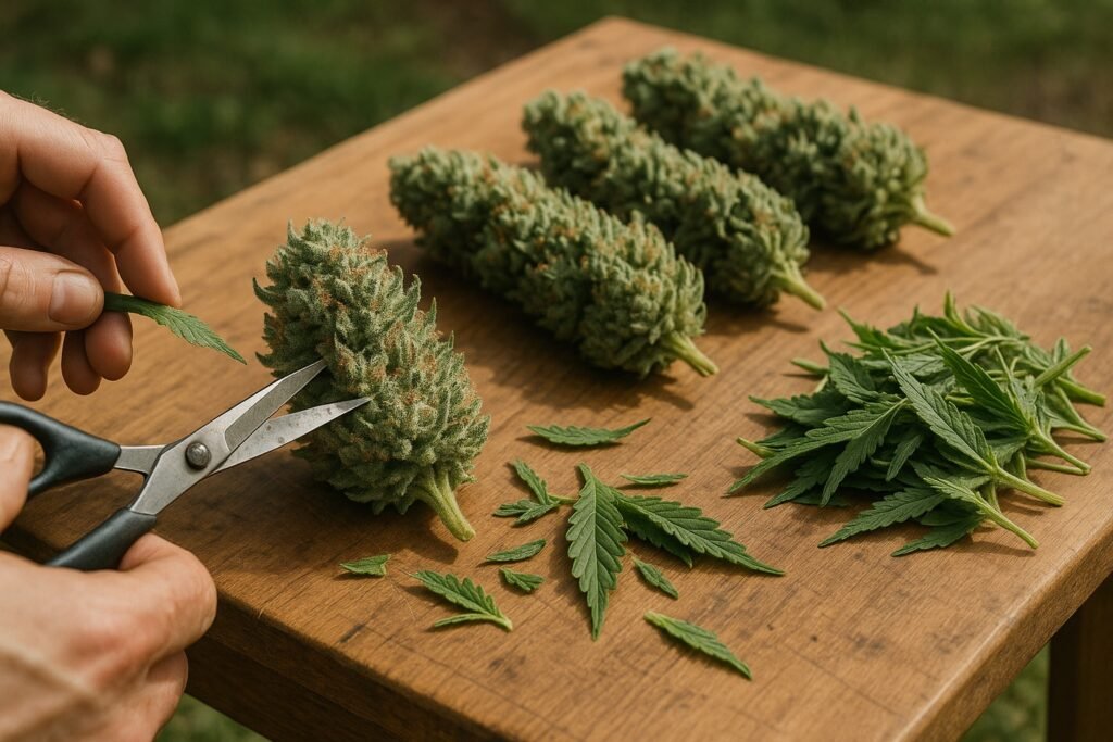 Fresh cannabis buds being meticulously trimmed outdoors to enhance drying quality and airflow