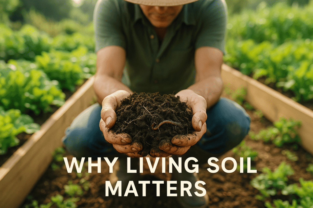 Gardener holding living soil with visible organic material