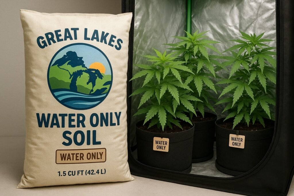 Great Lakes Water Only Soil bag shown in a home cannabis grow setup