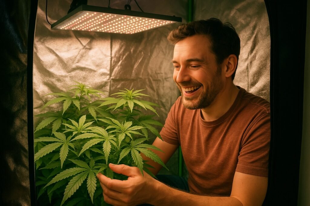 Grower enjoying the benefits of homegrown cannabis in a small indoor grow setup