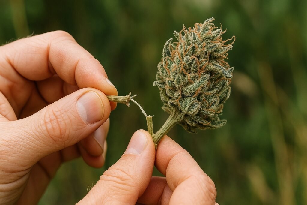 Grower performing snap test on cannabis branches outdoors