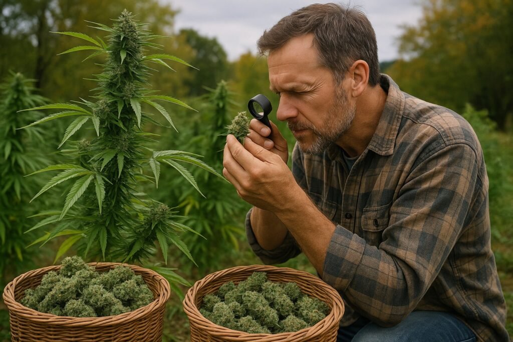 Harvesting cannabis outdoors in Zone 6 during early October with trichome inspection