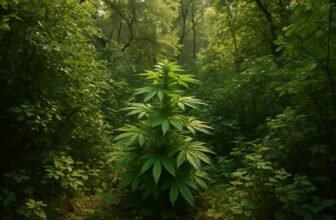 Hidden outdoor cannabis plant camouflaged in forest foliage for stealth growing